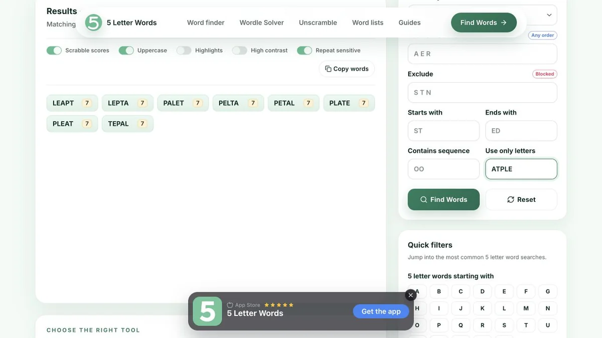 5LetterWords.io finder showing eight results for ATPLE