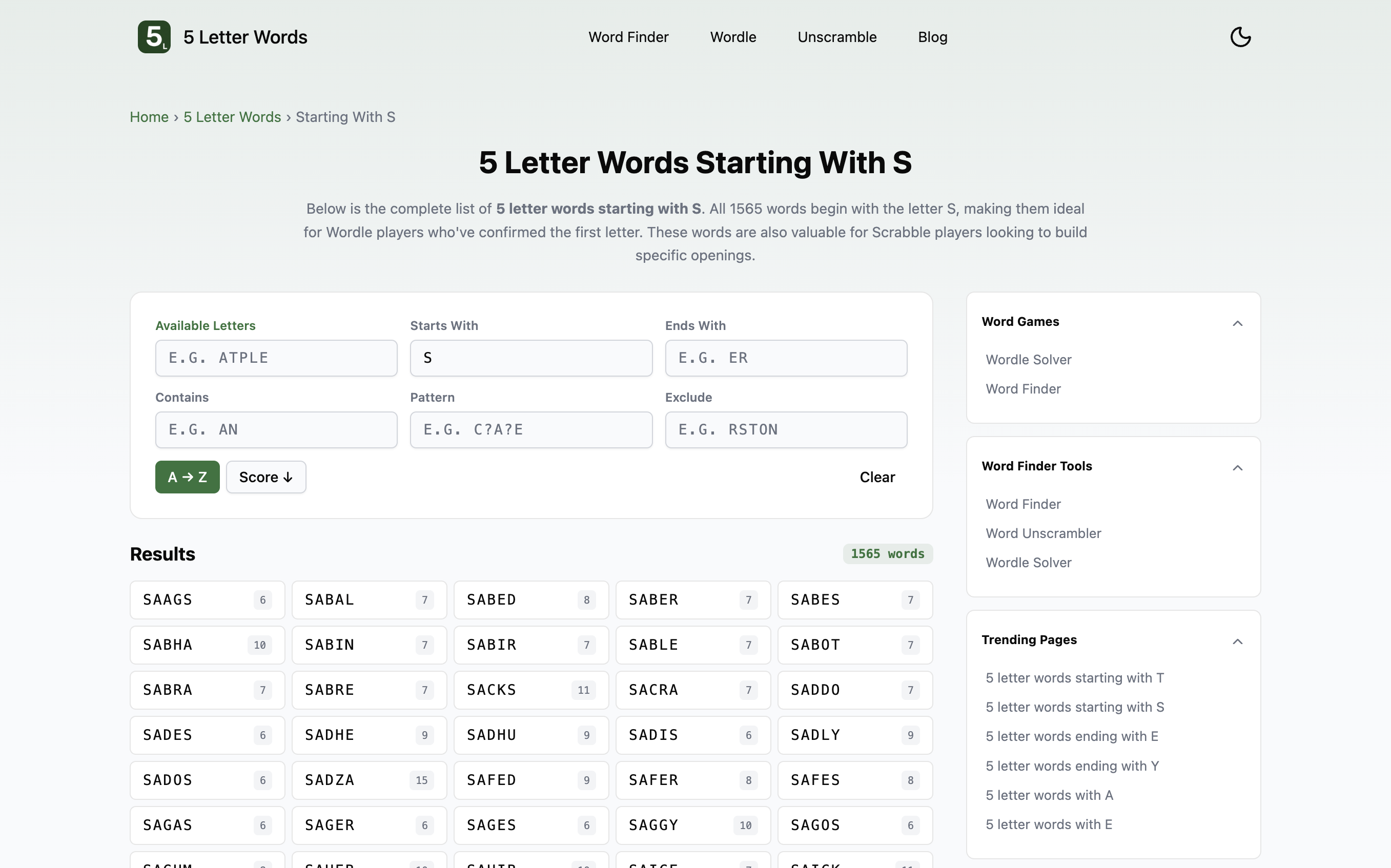 5LetterWords.io list page for 5-letter words starting with S
