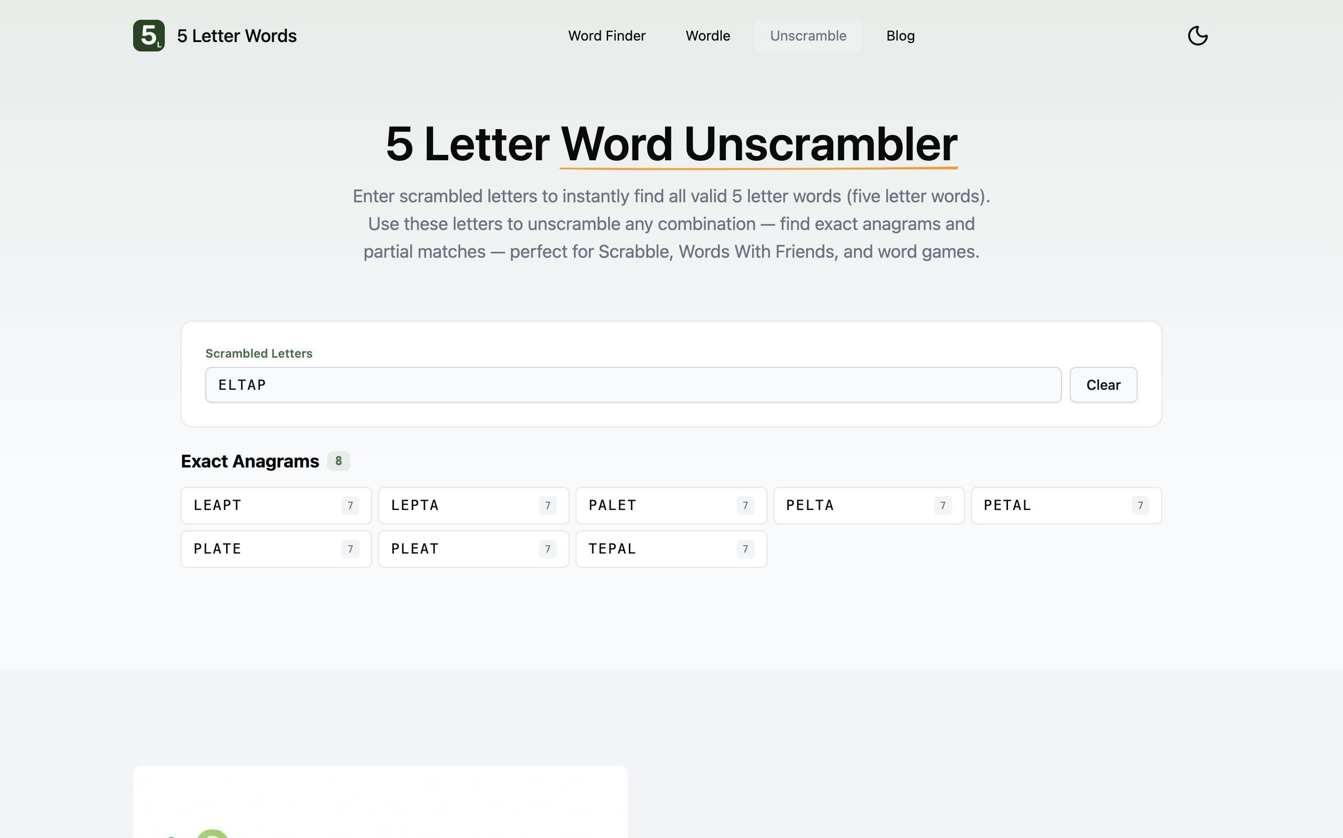 5LetterWords.io Unscrambler exact anagrams for ELTAP