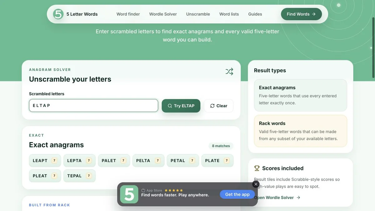 5LetterWords.io unscrambler showing eight exact anagrams for ELTAP