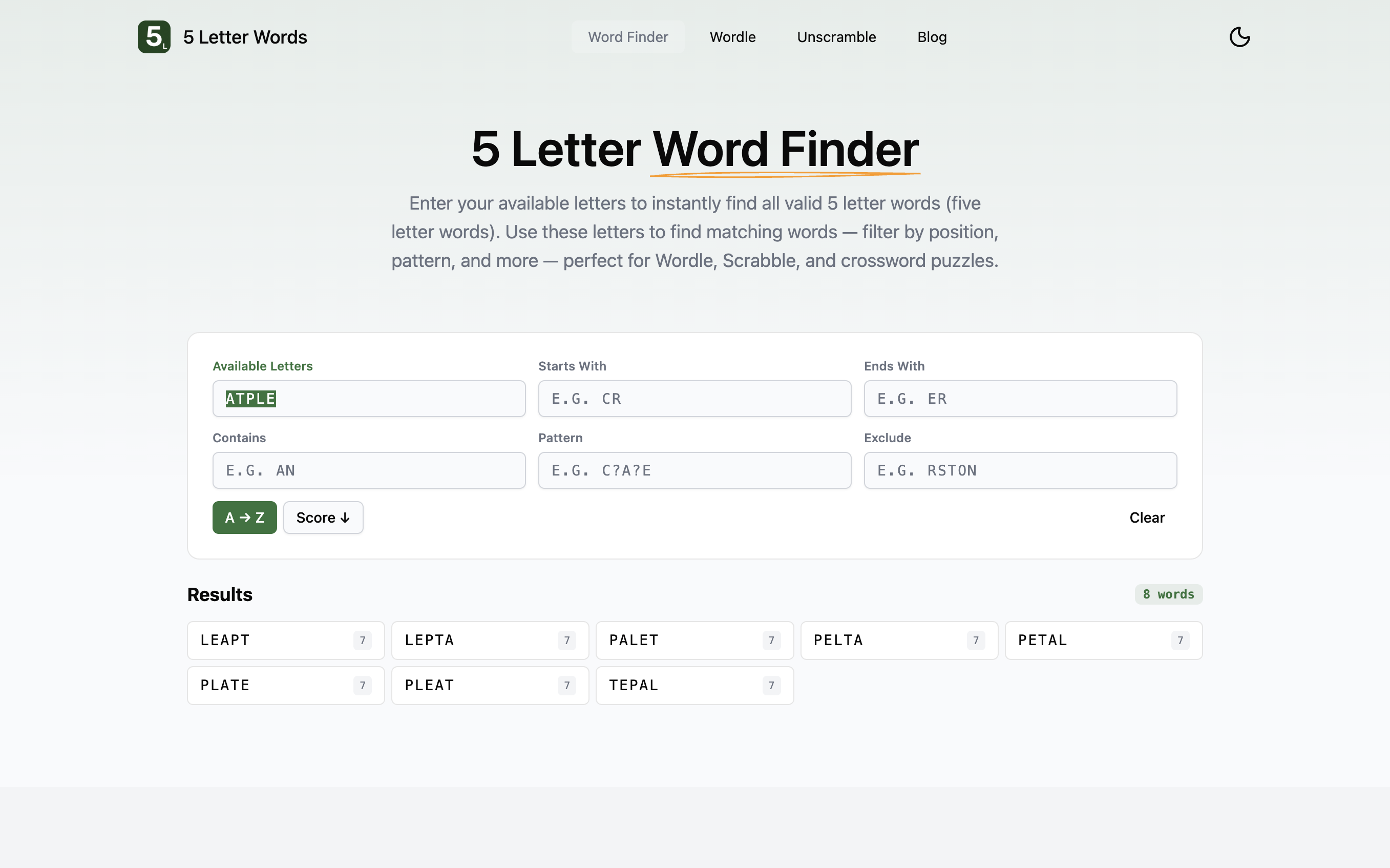 5LetterWords.io Word Finder results for ATPLE