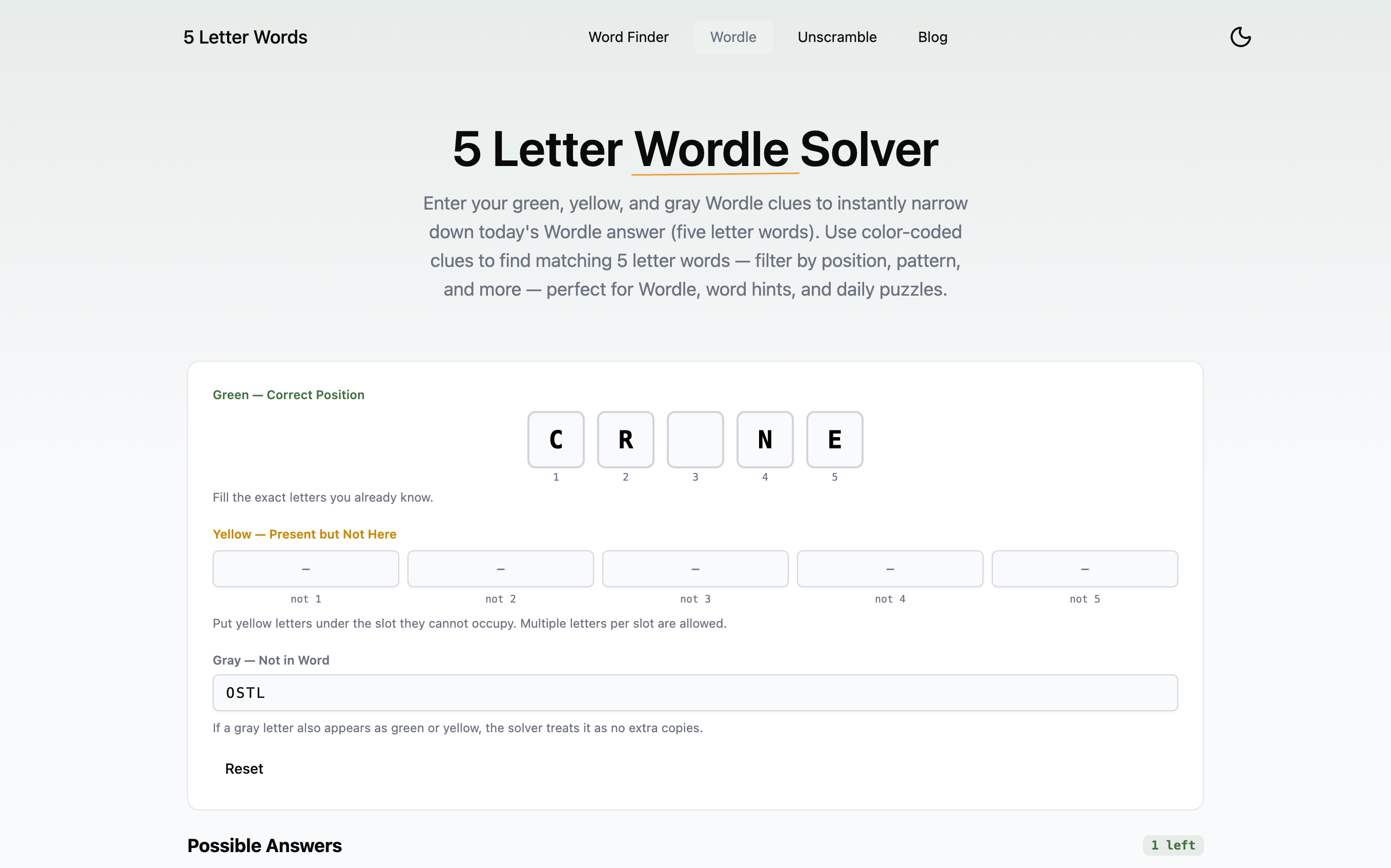 5LetterWords.io Wordle Solver narrowing to CRANE