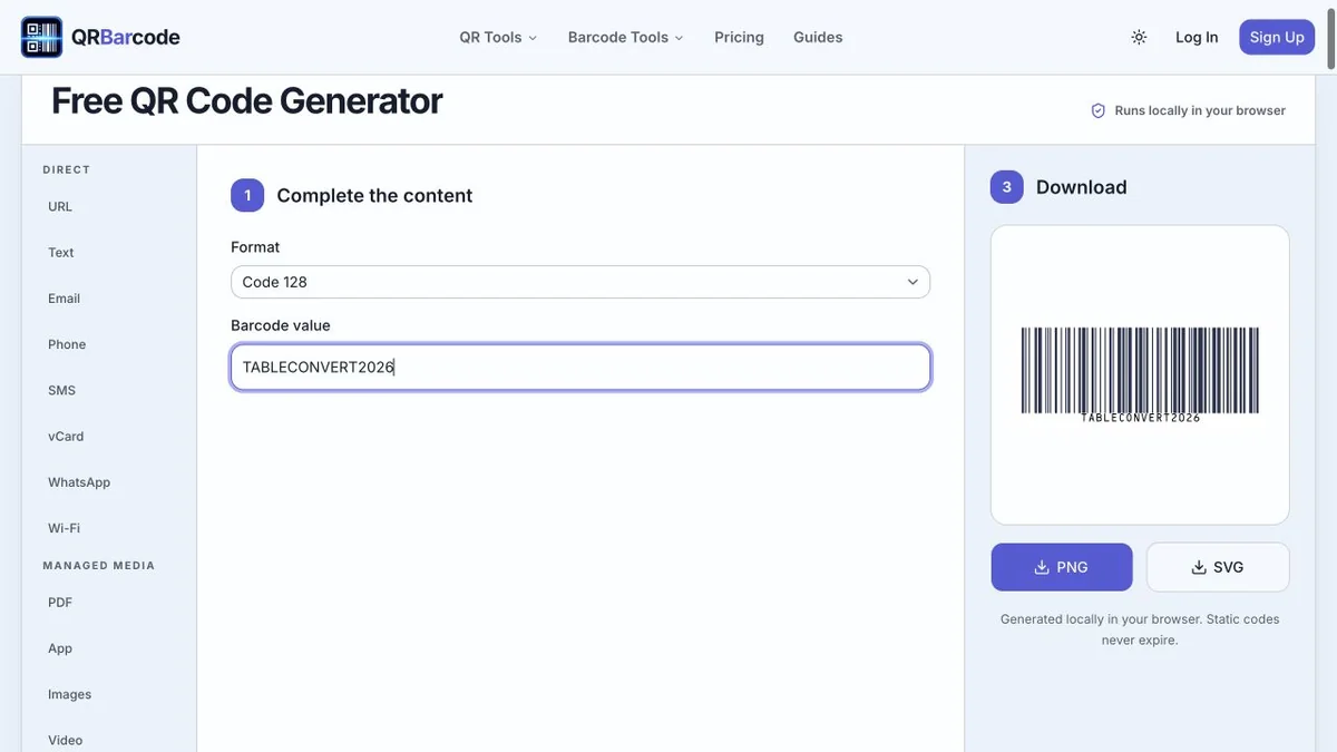 QRBarcode Code 128 mode with the synthetic value TABLECONVERT2026