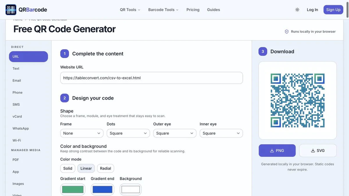 QRBarcode URL generator with a linear gradient and H error correction selected