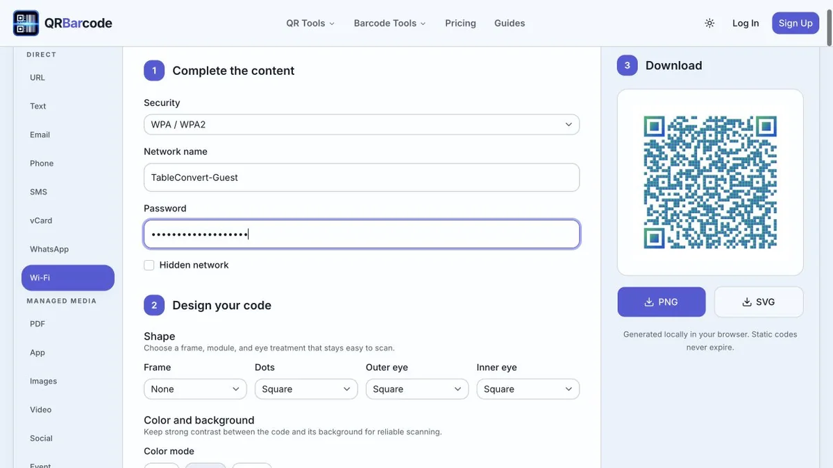 QRBarcode Wi-Fi form using a synthetic guest network and a generated preview
