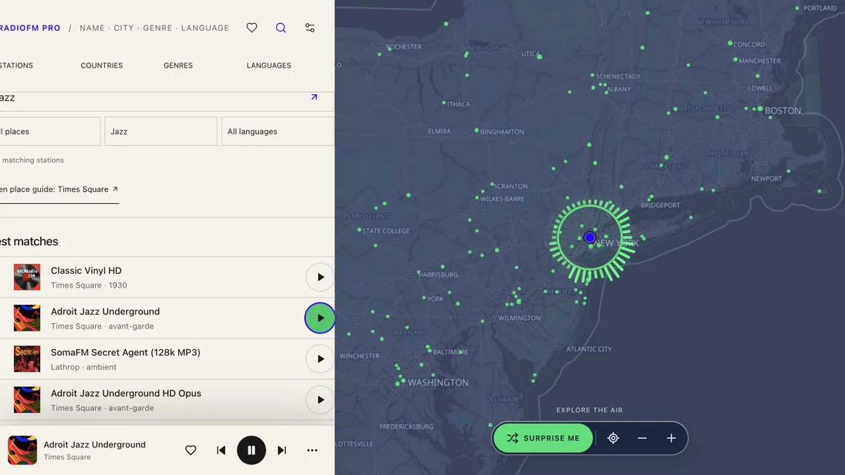 RadioFM Pro jazz search with Adroit Jazz Underground playing beside the map