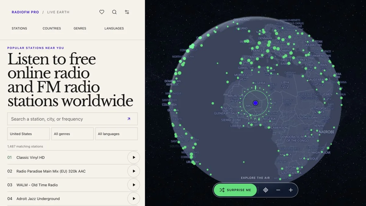 RadioFM Pro home view with station list and interactive map