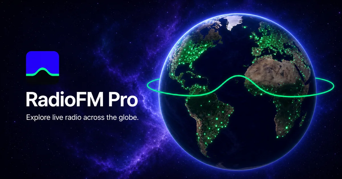 RadioFM Pro official preview showing radio stations on a dark world map