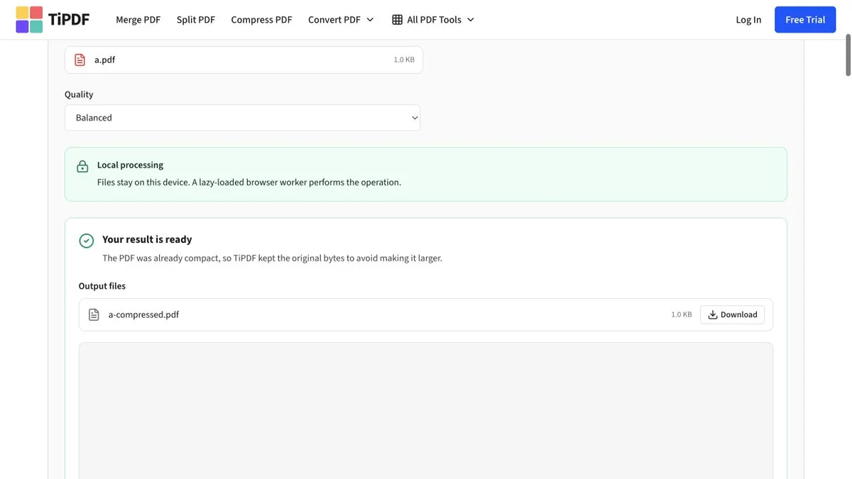 TiPDF compression result retaining the original compact PDF bytes
