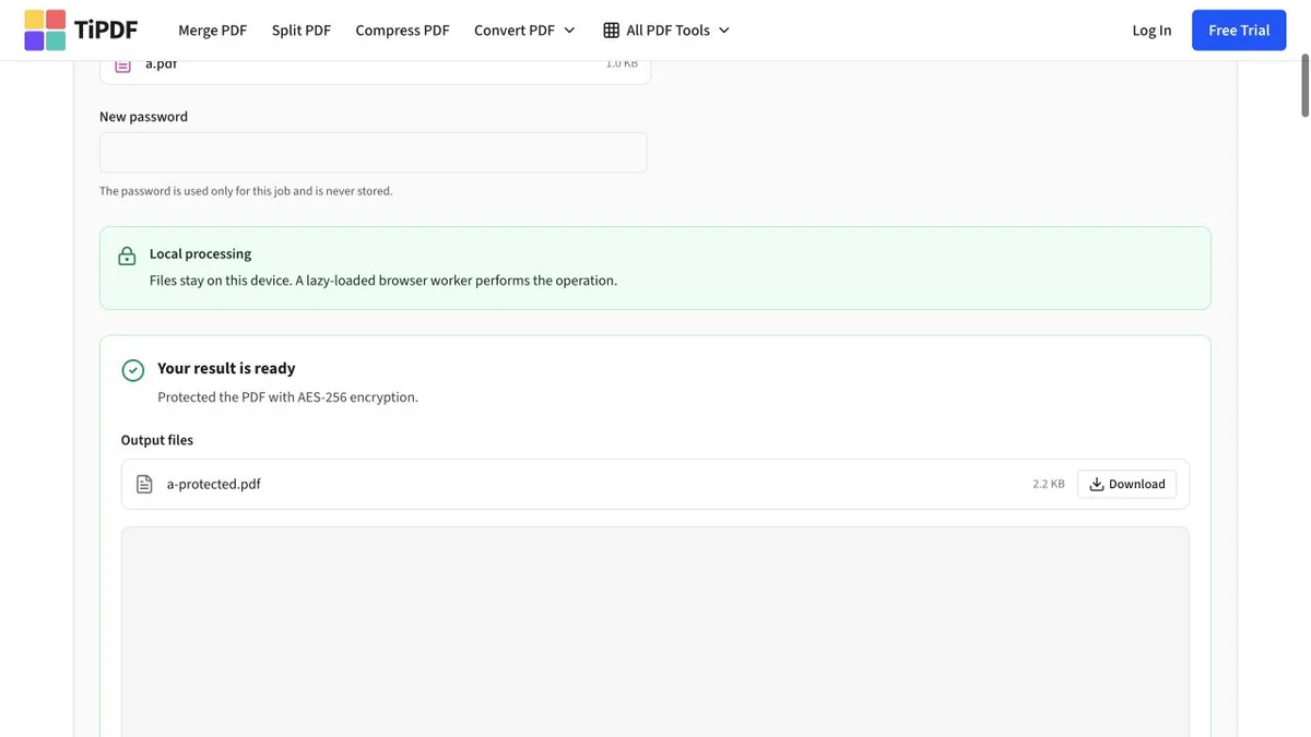 TiPDF result confirming AES-256 protection of a synthetic PDF